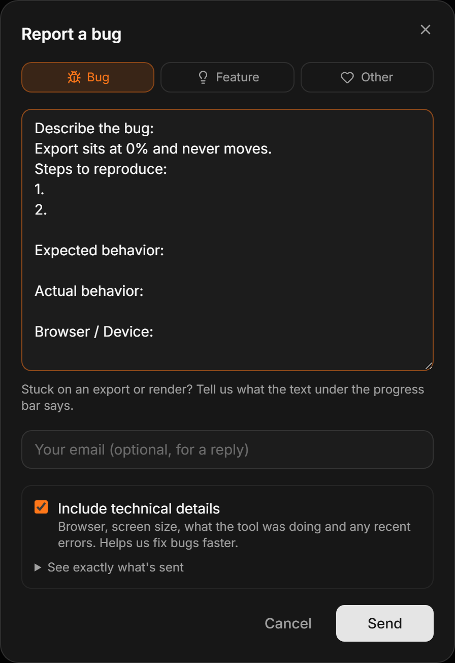 The Report a bug form, with the message box pre-filled with prompts and the Include technical details option ticked