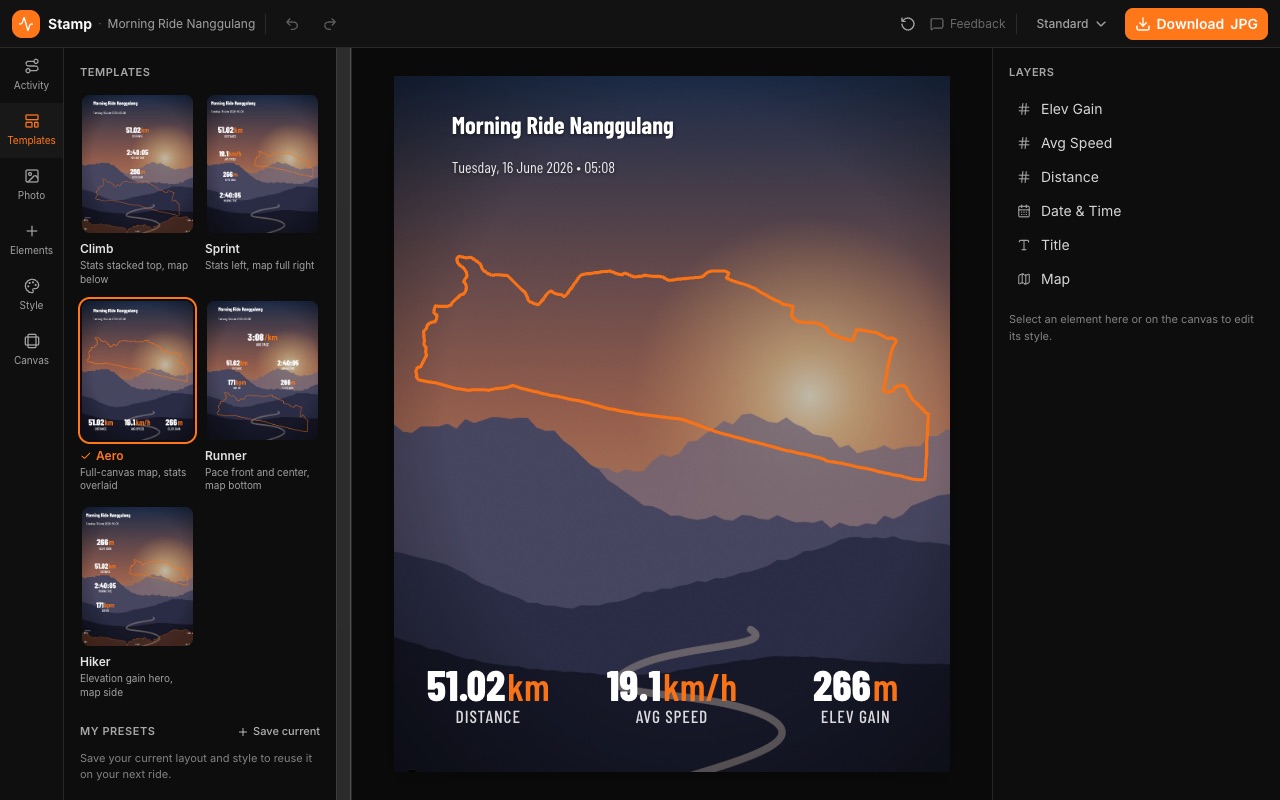 The Stamp editor: a tool rail and live template thumbnails on the left, a ride photo with route and stats in the middle, and the list of elements on the right