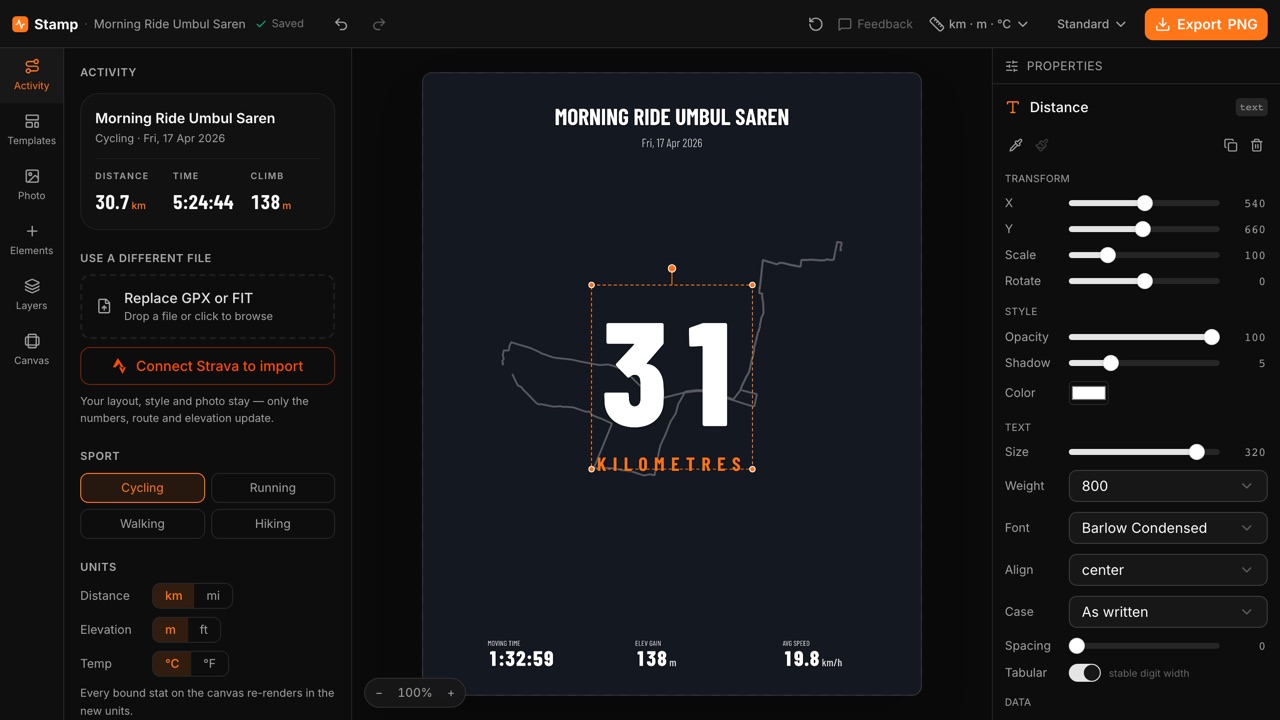 The new Stamp editor: the Activity panel with the ride, sport and units on the left, the Big number template showing 31 kilometres over a faint route in the middle, and the selected number's properties (size, weight, font, case, spacing) on the right
