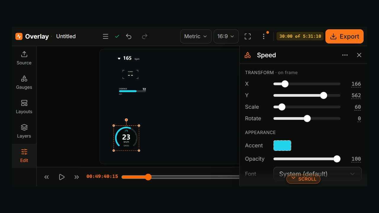 The Overlay editor in a landscape phone layout, with a speed gauge selected on the preview and its Properties panel open on the right