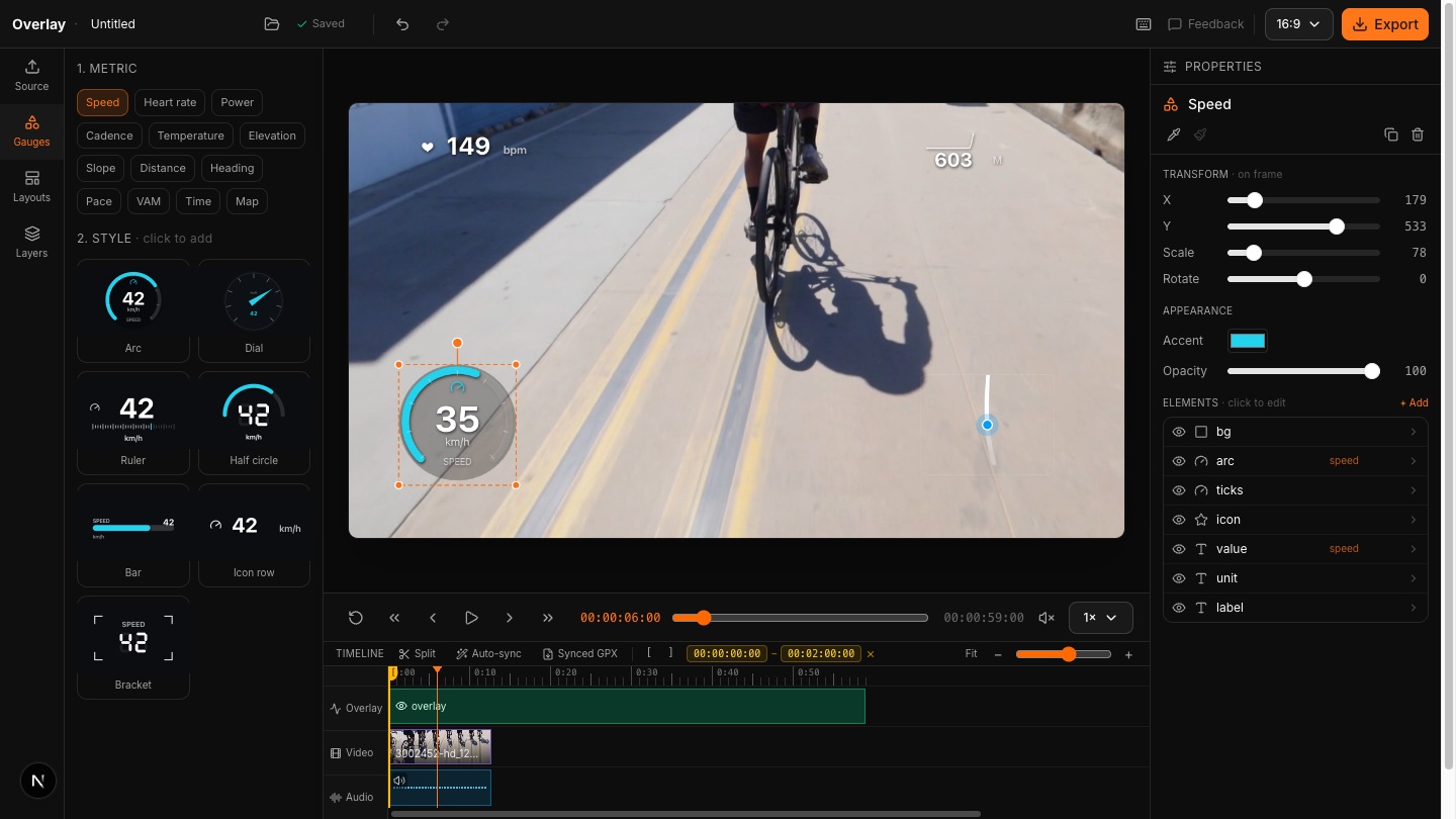 The Stamptivity Overlay editor — live GPS gauges over cycling footage, with the gauge properties panel and a video timeline, all in the browser